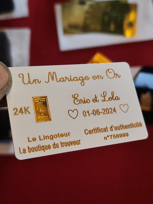 La carte "Un Mariage En Or" avec lingot de 1g d'or 999.9 à personnaliser ( white)
