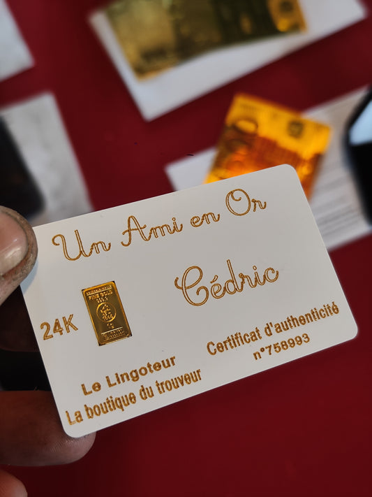 Carte "Un Ami en Or" avec lingot de 1g d'or 999.9 à personnaliser ( white)
