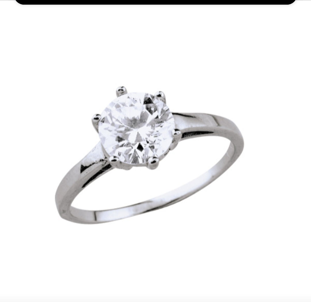 Bague solitaire 7 mm, serti 6 griffes, argent 925/1000 rhodié