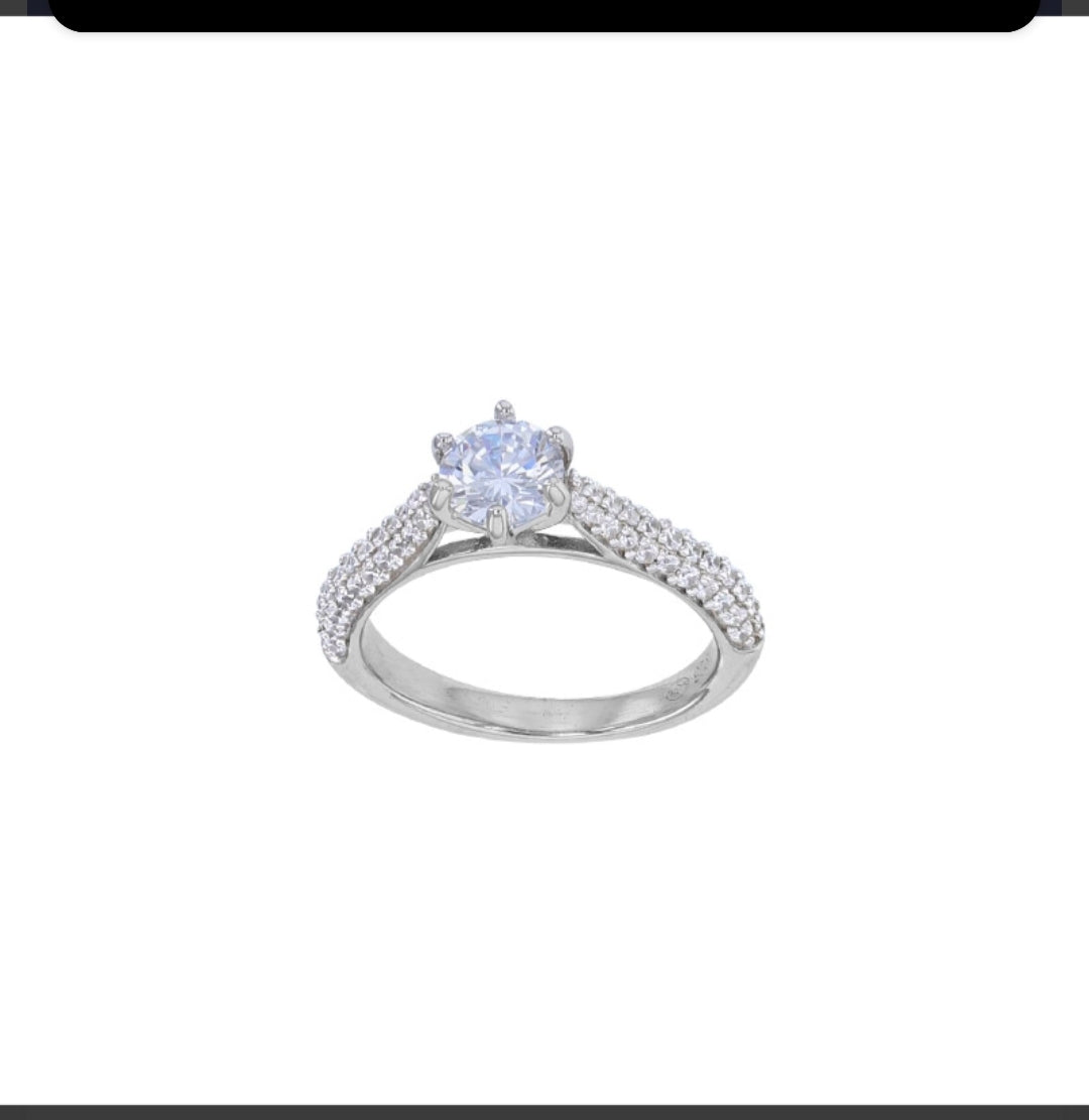 Solitaire 6mm serti 6 griffes, pavage d'oxydes, argent 925/1000 rhodié