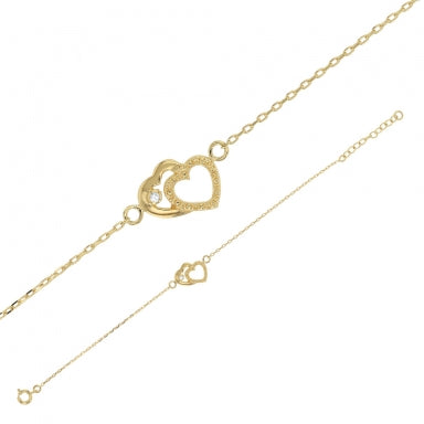 Bracelet double coeur lisse et perlé, 1 oxyde, Plaqué or
