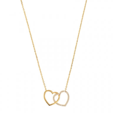 Collier 2 coeur fins entrelacés, lisse et serti d'oxydes, Plaqué or