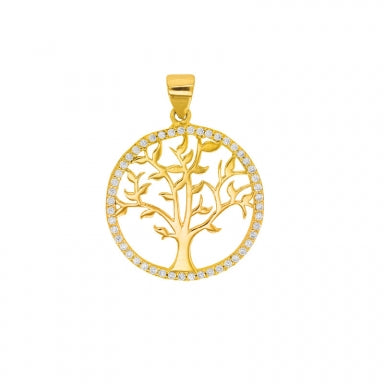 Pendentif arbre de vie entourage oxydes, Plaqué or, diam. 21mm