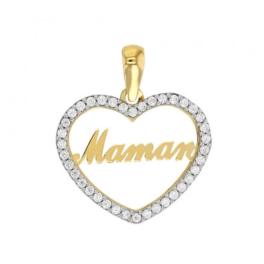 Pendentif coeur ajouré Or 375/1000 serti d'oxydes avec inscription 'Maman'