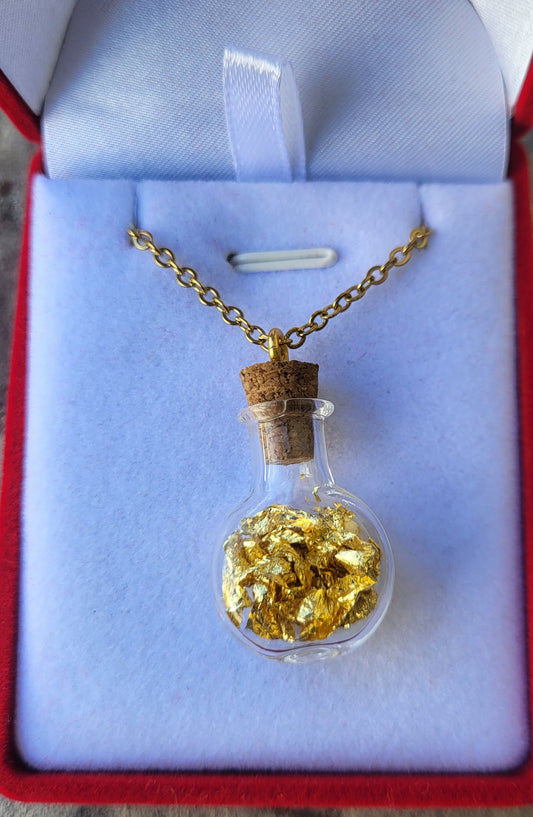 Pendentif grande fiole véritable feuille d or 24 carats