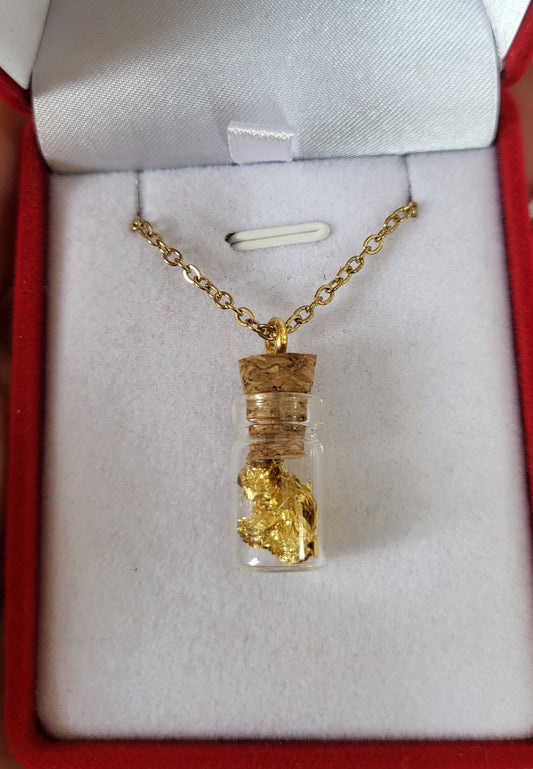 Pendentif petite fiole véritable feuille d'or 24 carats