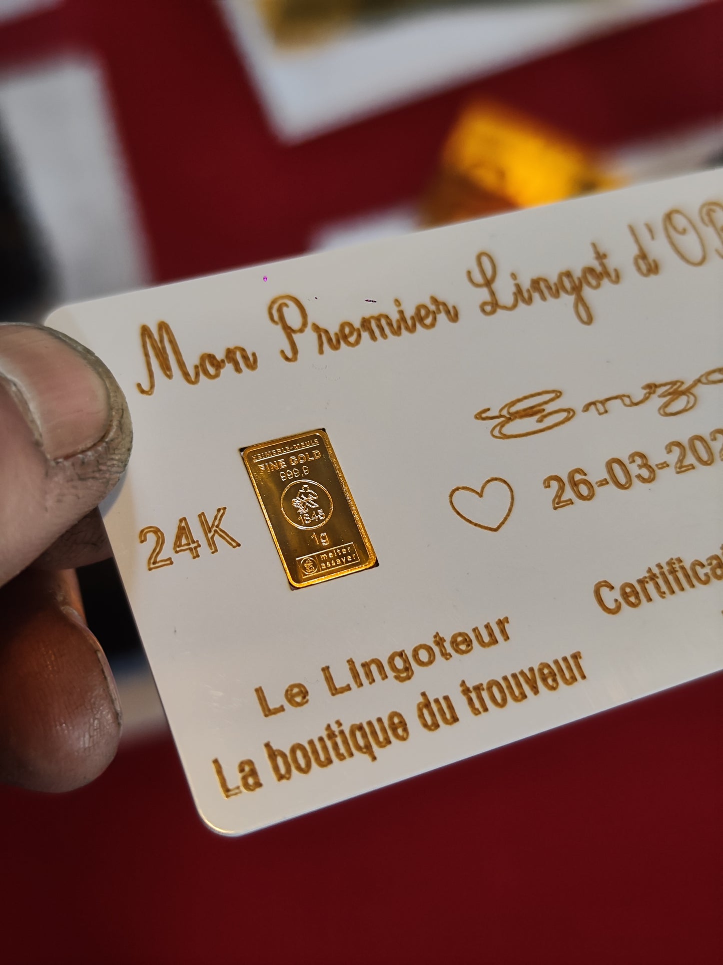 Carte "mon premier lingot d'or" avec lingot de 1g d'or 999.9 à personnaliser ( white)