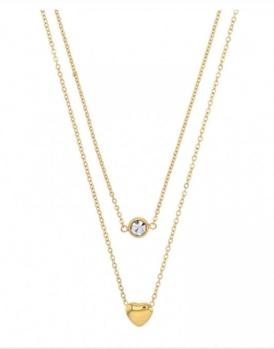 Collier 2 rangs acier doré orné d'un coeur et d'un Cristal serti clos