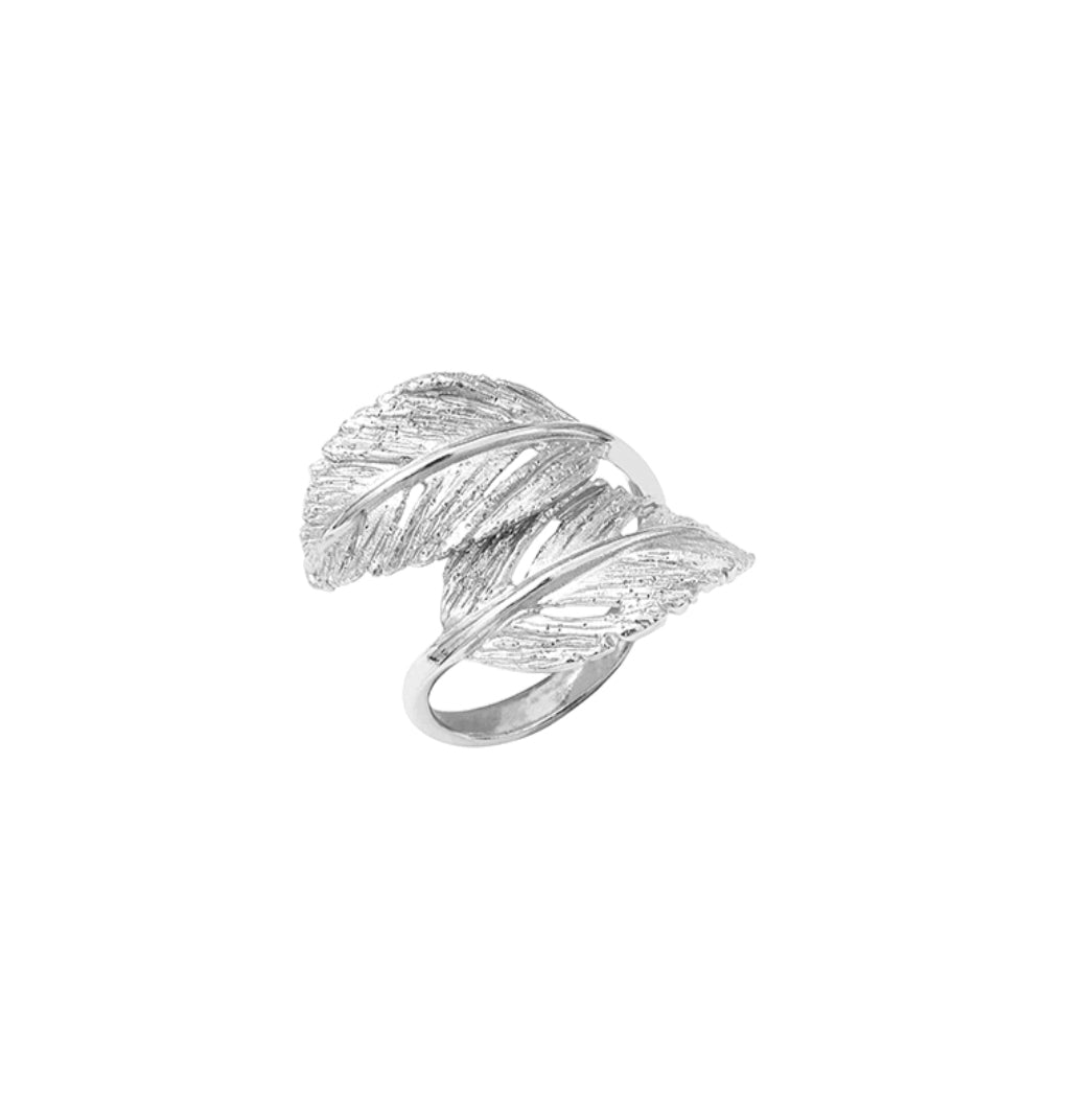 Bague 2 feuilles croisées ajourées en argent 925/1000 platiné