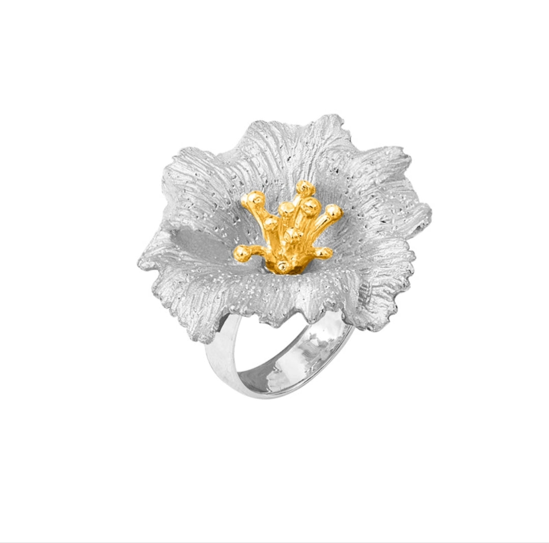 Bague fleur de pavot, argent 925/1000 platiné et doré