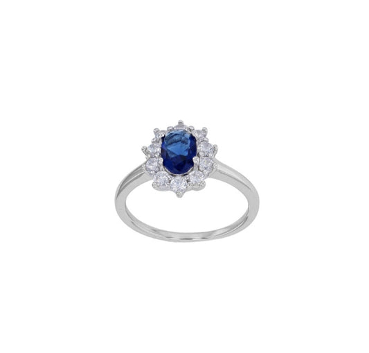Solitaire oxyde bleu saphir taille ovale entouré d'oxydes blancs, argent 925/1000 rhodié