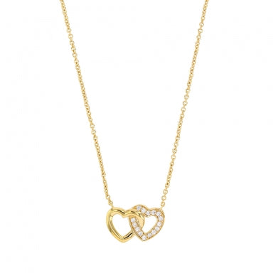 Collier double coeur entrelacé, lisse et serti d'oxydes, Plaqué or