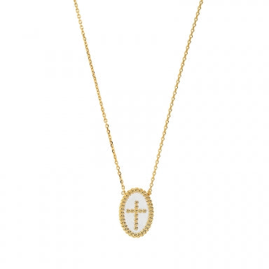 Collier plaqué or avec pendant ovale perlé croix émail noir