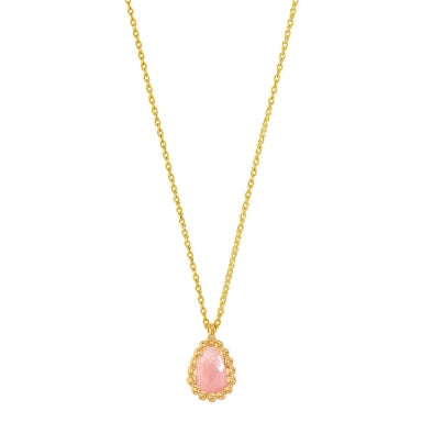 Collier Quartz rose taille poire 6 x 4mm, entourage perlé Or 750/1000