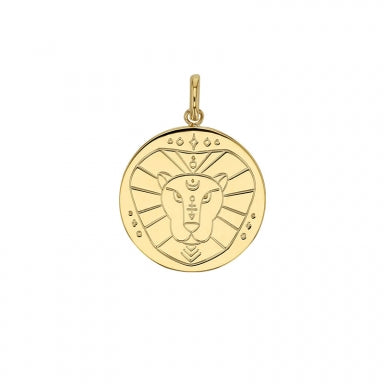 Médaille signe astrologique gravé, Lion, plaqué or