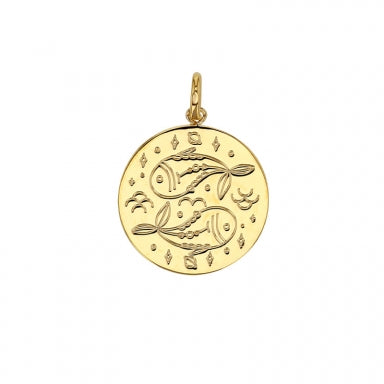 Médaille signe astrologique gravé, Poissons, plaqué or