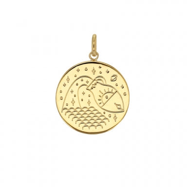 Médaille signe astrologique gravé, Verseau, plaqué or