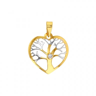 Pendentif arbre de vie entouré d'un coeur ajouré et oxyde, Or 750/1000 bicolore