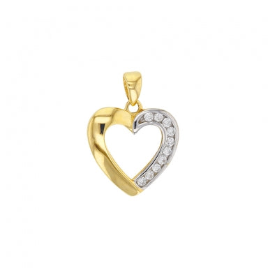 Pendentif coeur en Or blanc et jaune 375/1000 serti d'oxydes sur une moitié
