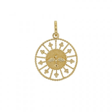 Pendentif rond ajouré et perlé, Colombe, plaqué or