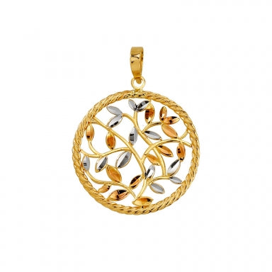 Pendentif rond ciselé arbre de vie Or 750/1000 tricolore