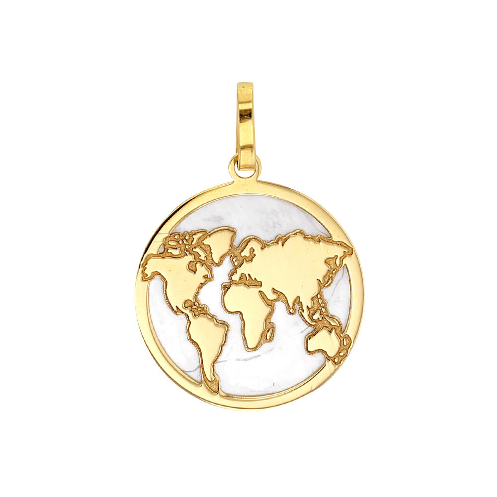 Pendentif rond en Or 750/1000 avec carte du monde sur fond de nacre