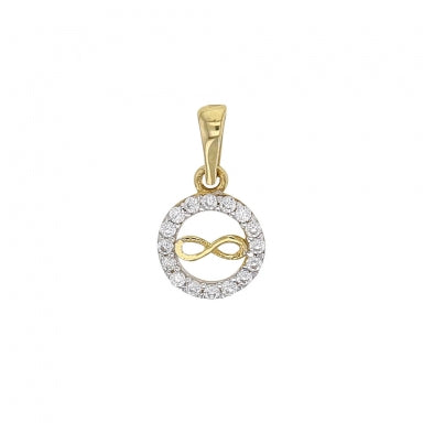 Pendentif rond en Or bicolore 375/1000 serti d'oxydes avec symbole de l'infini au centre