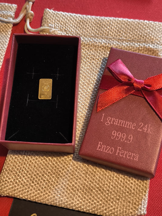 Lingot 1g or fin 999.9 en écrin personnalisé au laser