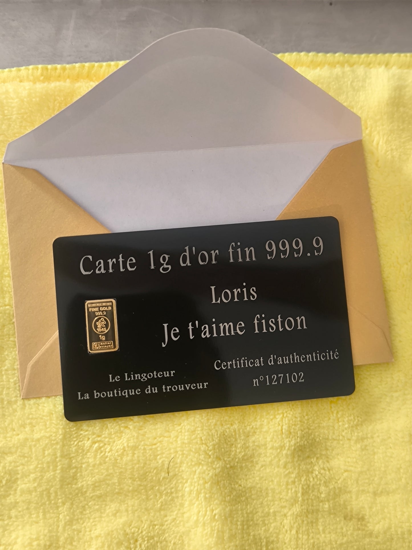 Lingot 1g or fin 999.9 avec carte