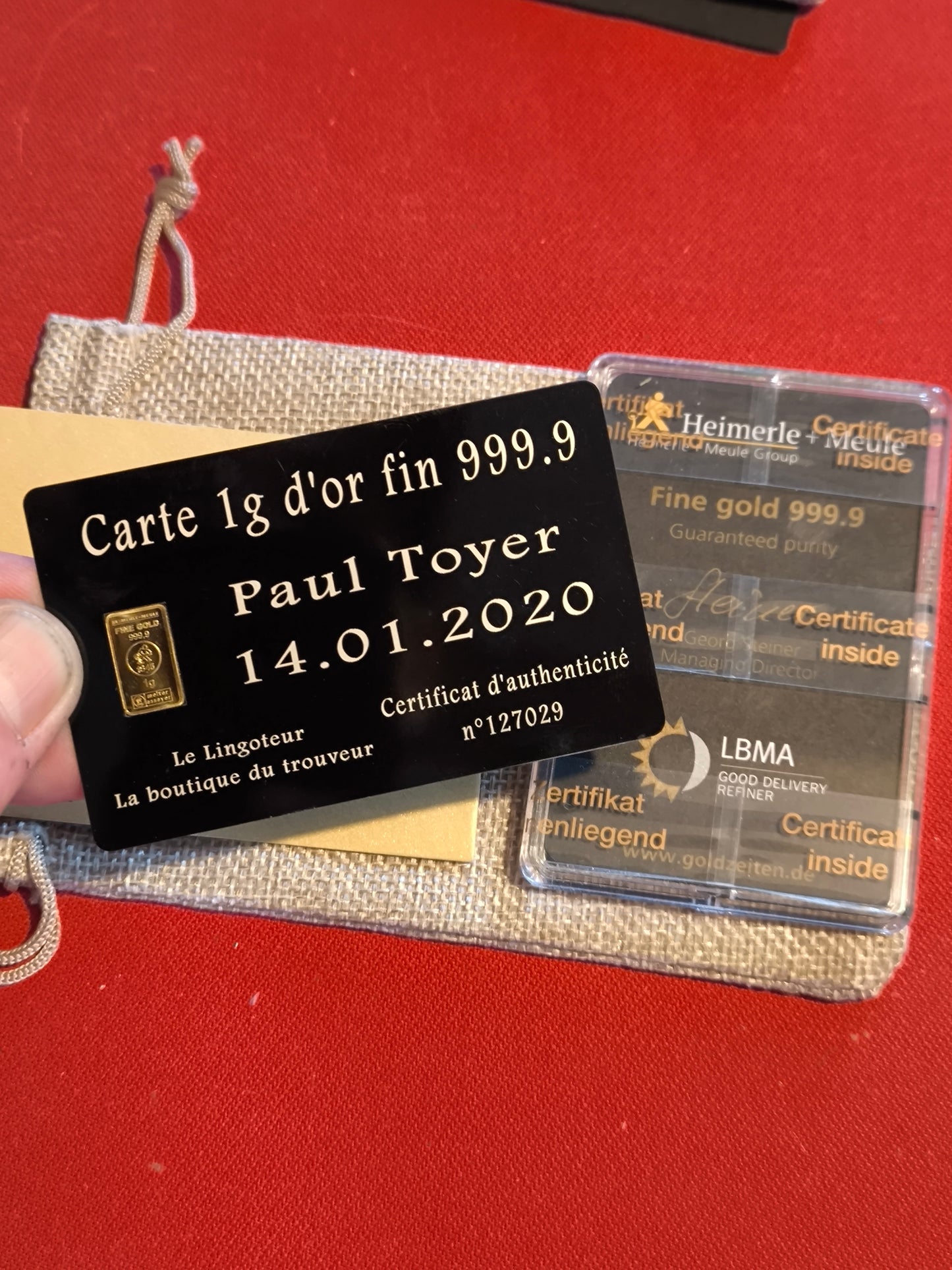 Lingot 1g or fin 999.9 avec carte