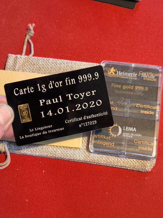 Lingot 1g or fin 999.9 avec carte