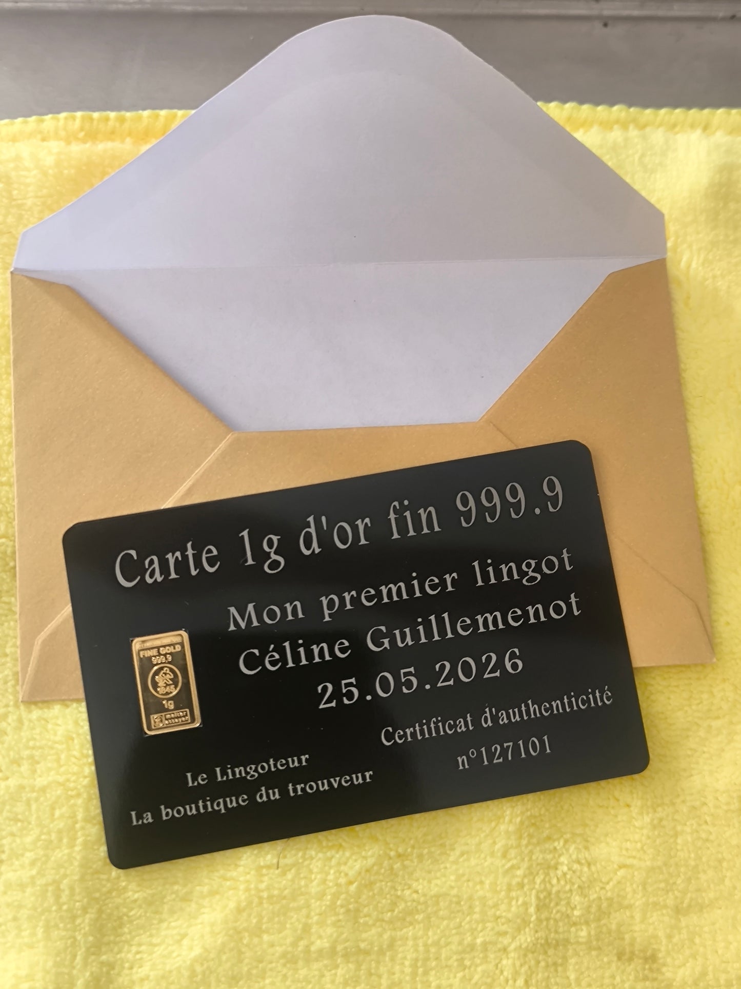 Lingot 1g or fin 999.9 avec carte