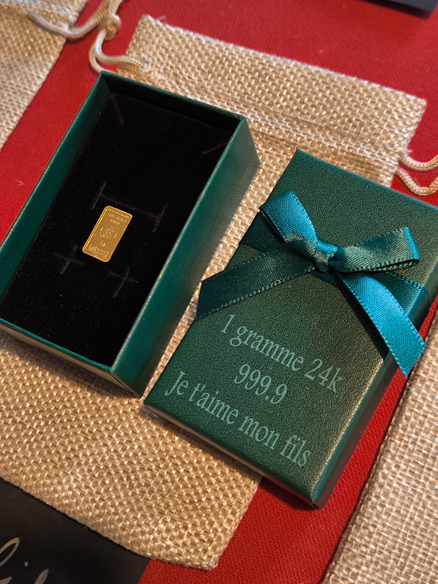 Lingot 1g or fin 999.9 en écrin personnalisé au laser