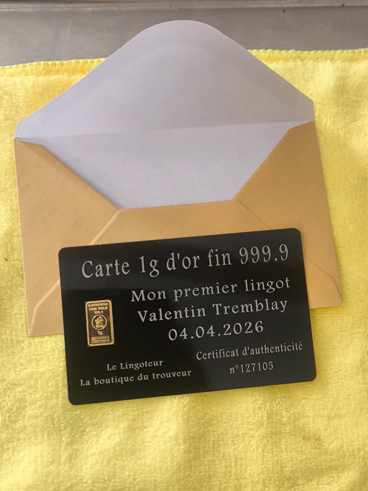 Lingot 1g or fin 999.9 avec carte