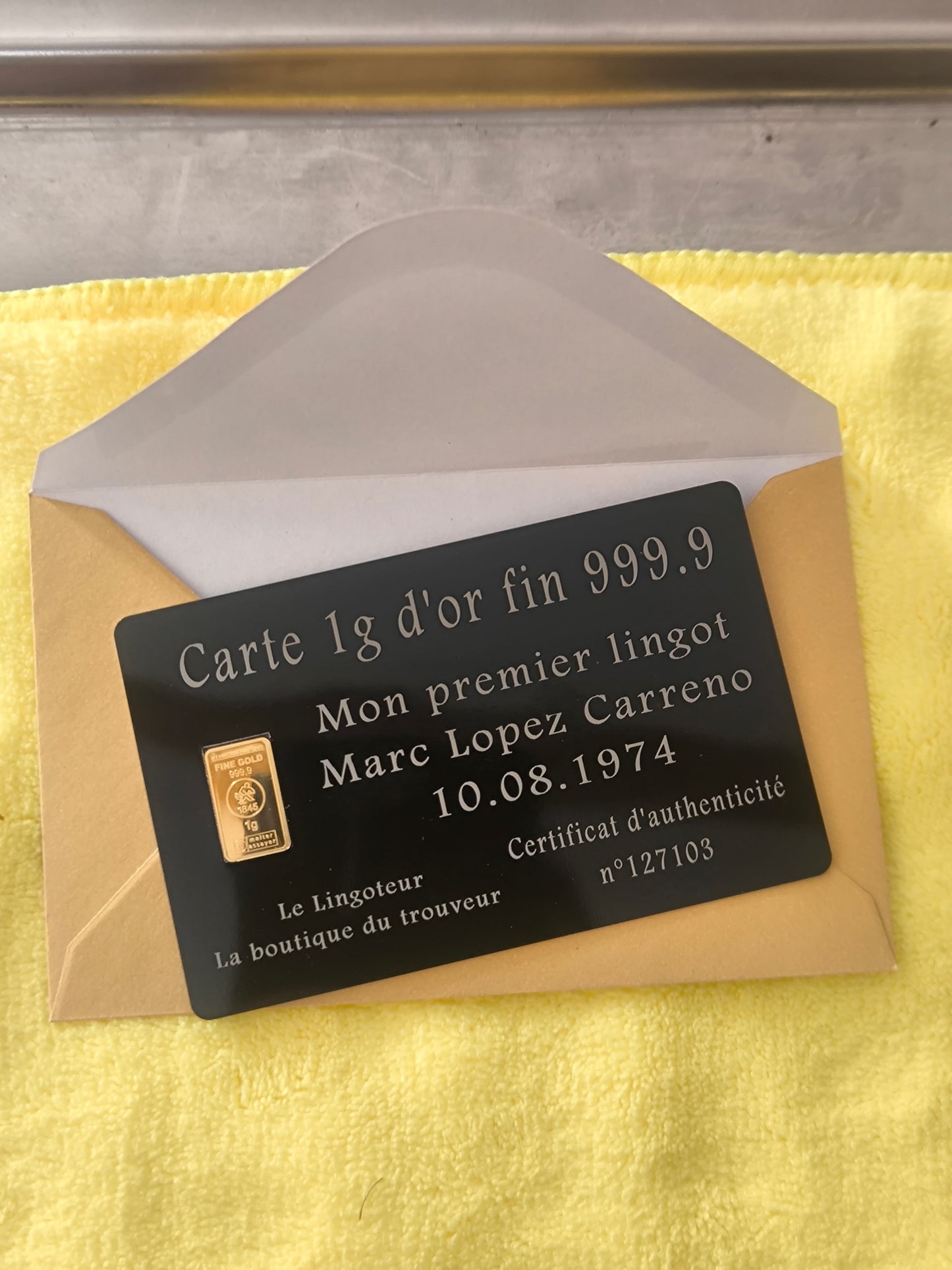 Lingot 1g or fin 999.9 avec carte