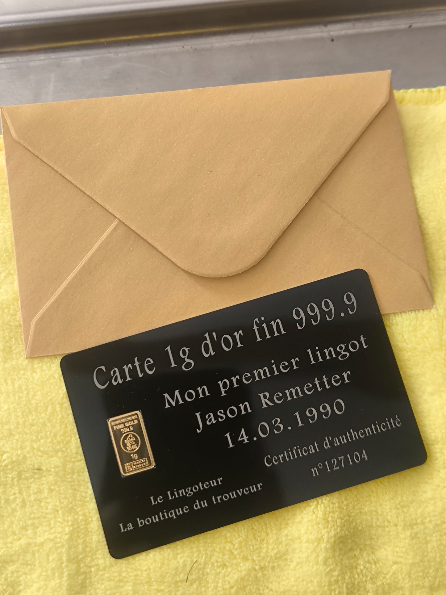 Lingot 1g or fin 999.9 avec carte